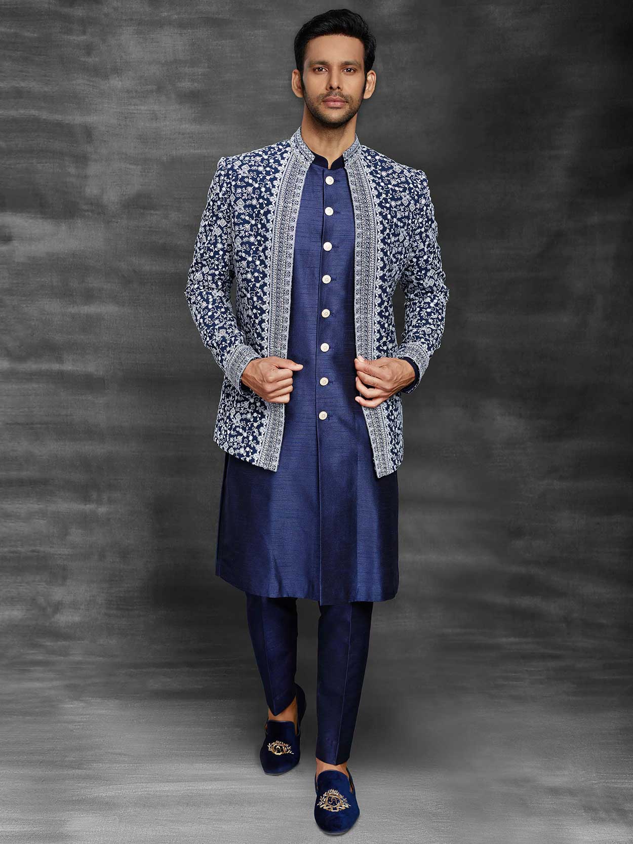 Navy Blue Mens Bandhgala Suit in Imported Fabric.