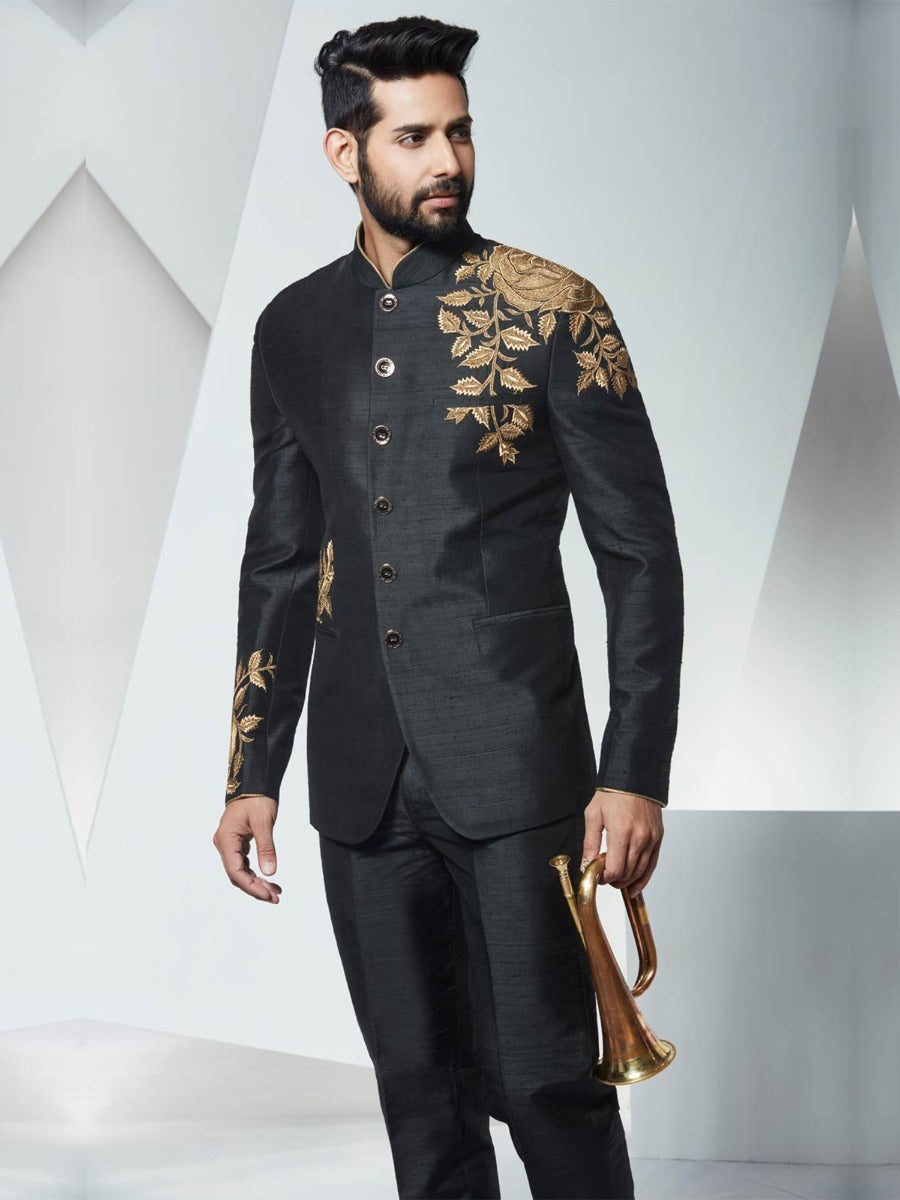 Black Embroidered Traditional Bandhgala Suit