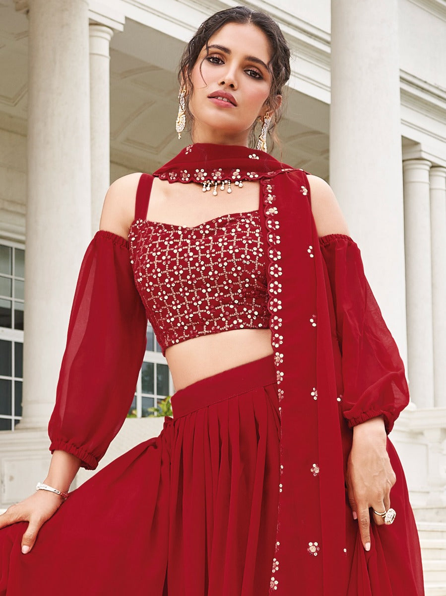 Red Cape Sleeved Lehenga Choli With Sequins Work