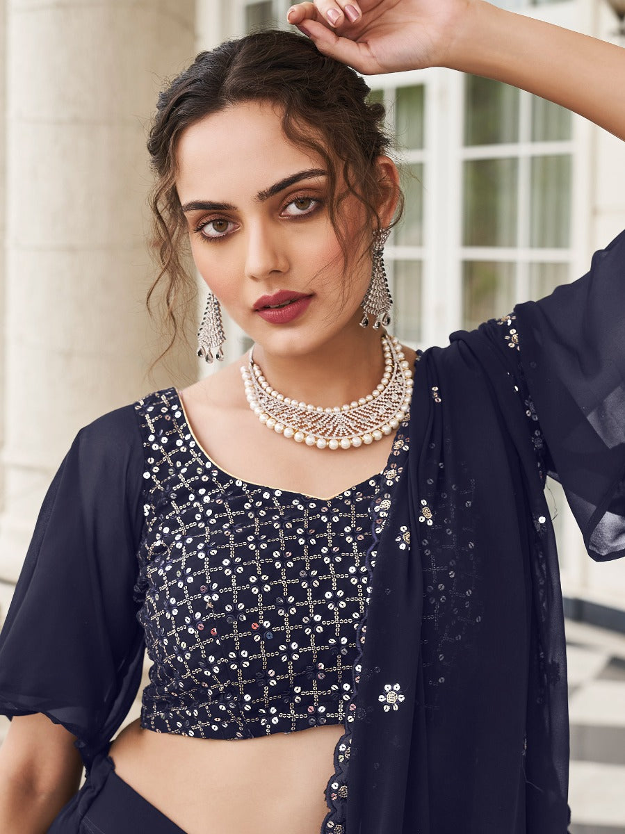 Blue Georgette Sequined Lehenga Choli With Cape Sleeved