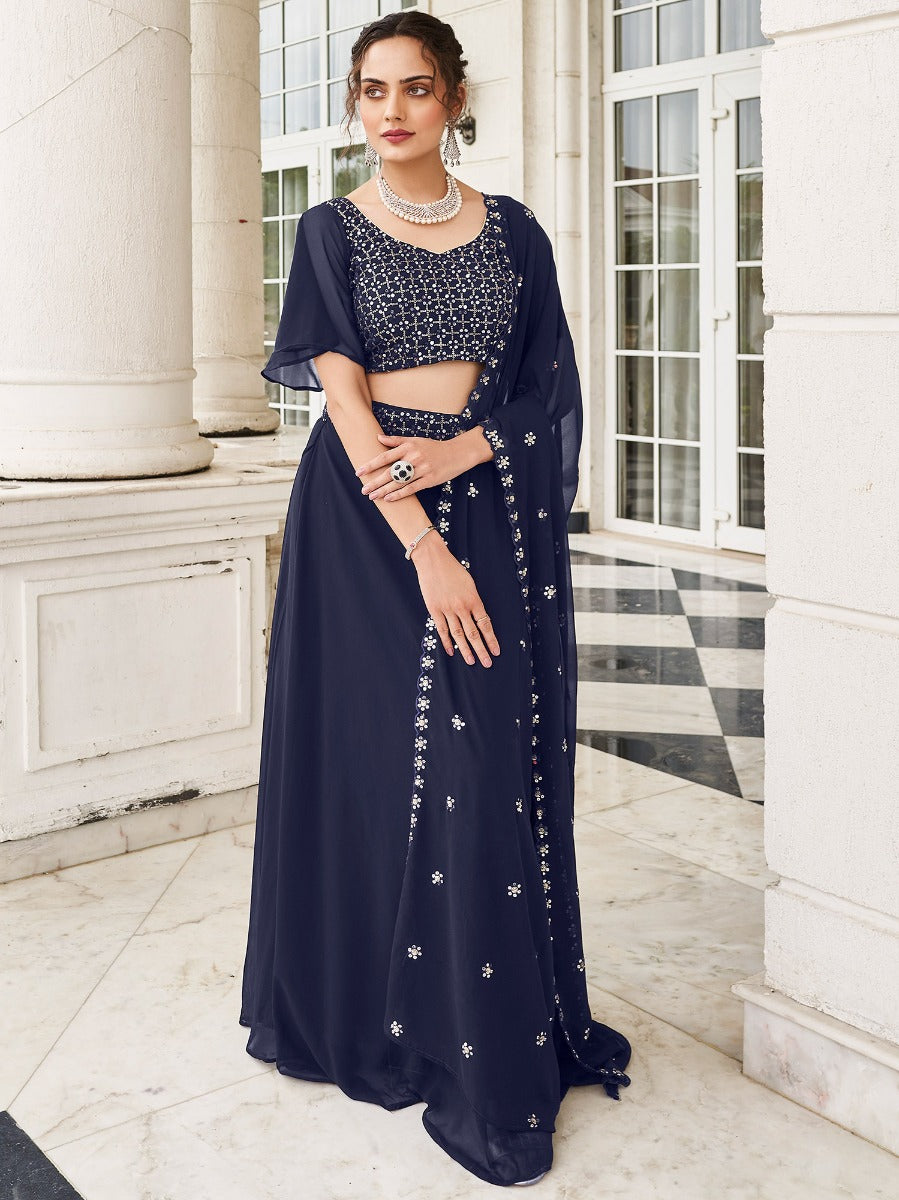 Blue Georgette Sequined Lehenga Choli With Cape Sleeved