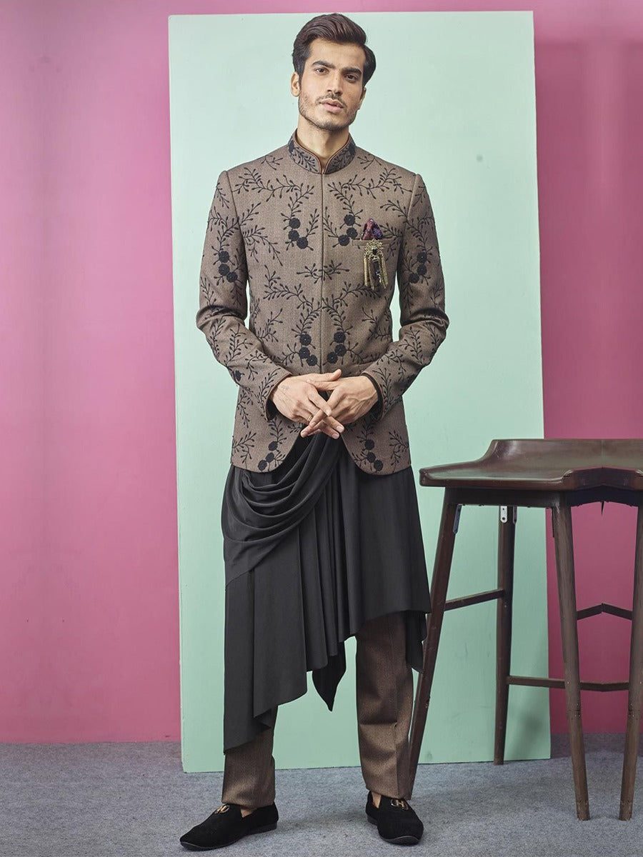Brown Thread Embroidered Designer Jodhpuri Dress