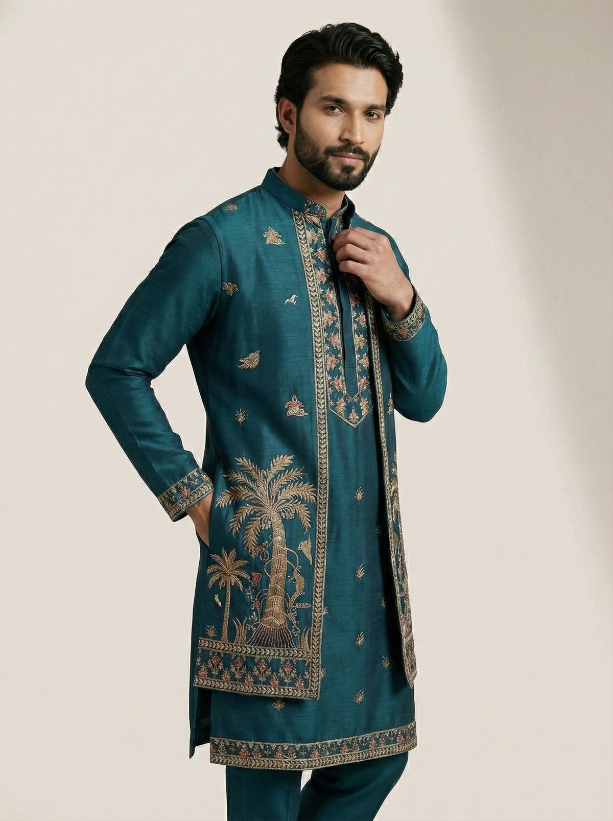 Blue Palm Motif Festive Wear for Men
