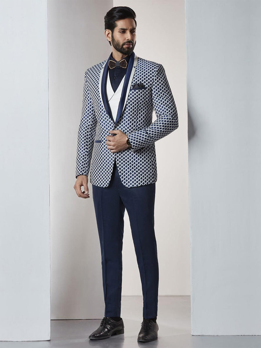 Blue,White Color Party Wear Tuxedo Suit.