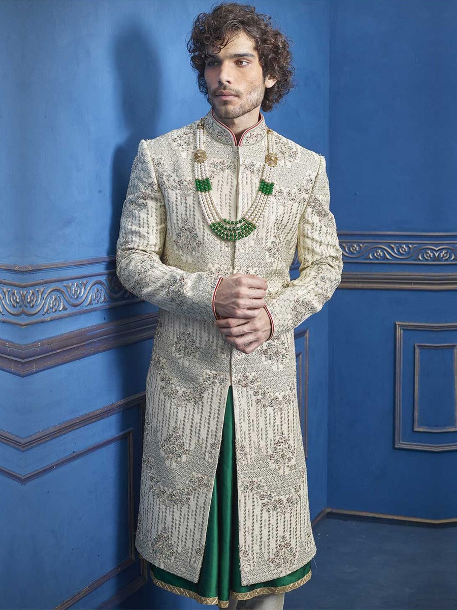 Cream Colour Silk Indian Sherwani.