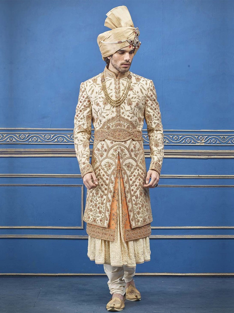 Exclusive Designer Sherwani Cream Colour.
