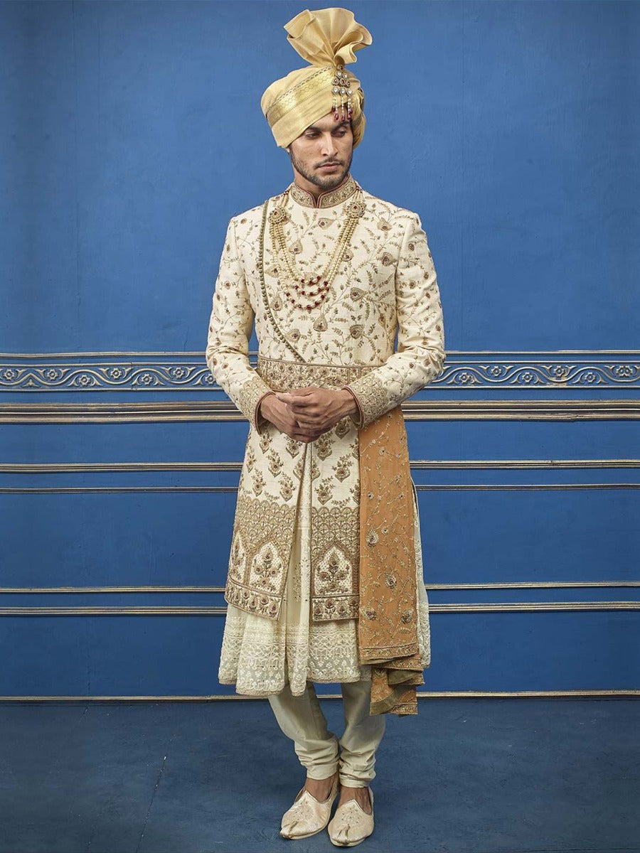 Cream Embroidered Groom Anarkali Style Sherwani