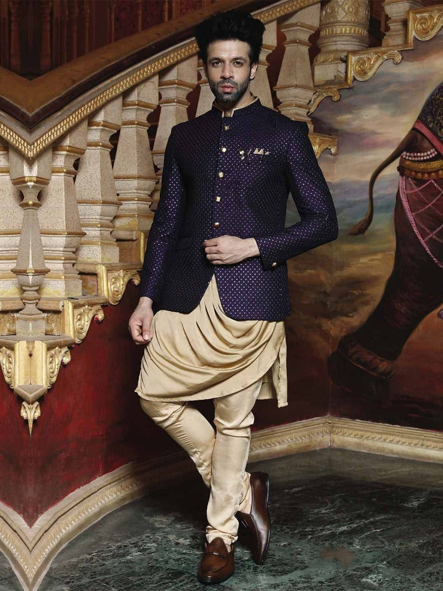 Blue Color Printed Mandarin Suit