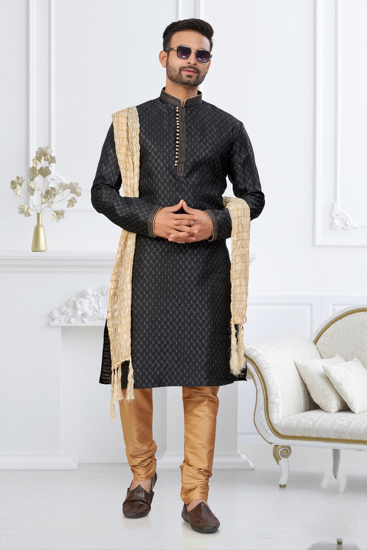 Black Designer Banarasi Kurta Set