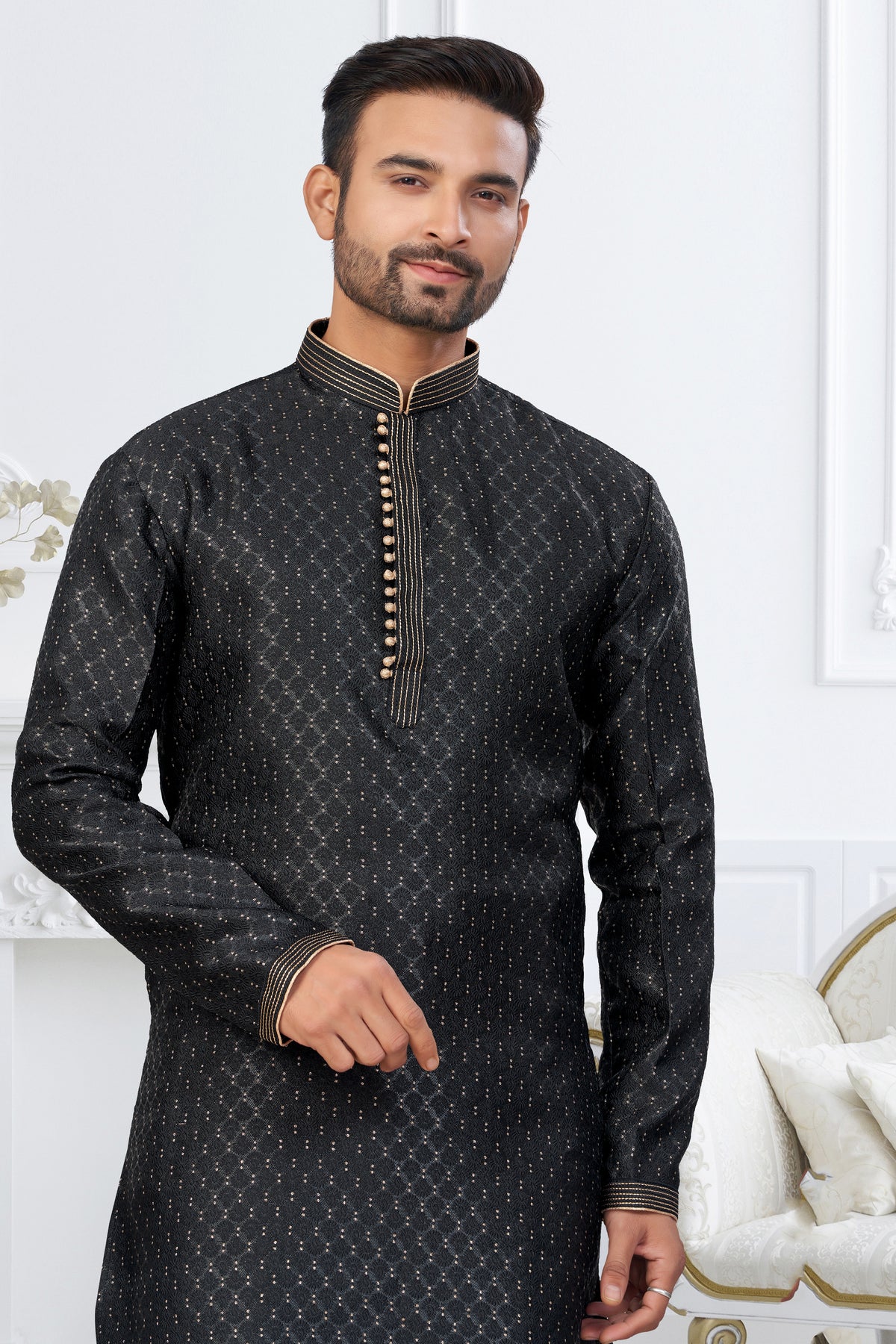 Black Designer Banarasi Kurta Set