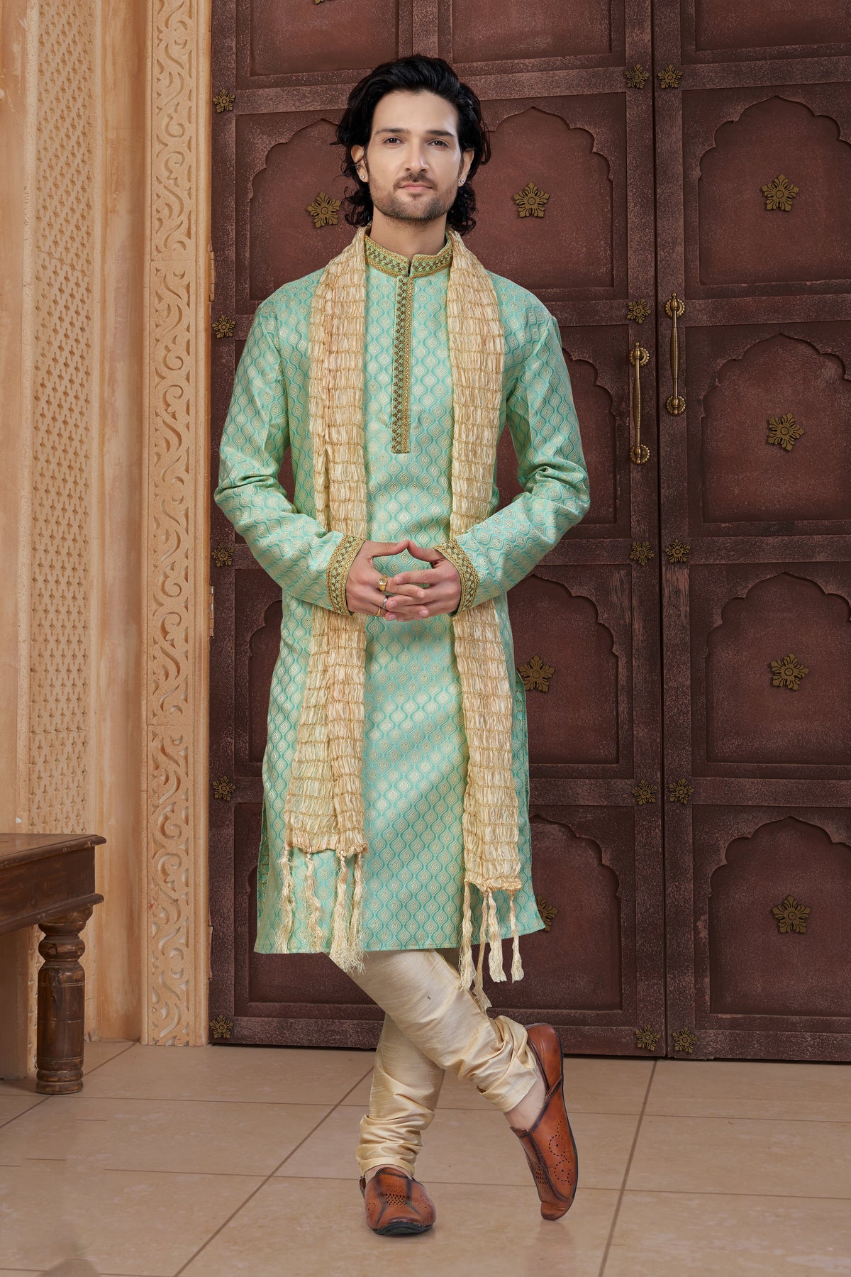 Mint Green Banarasi Jackard Kurta Set