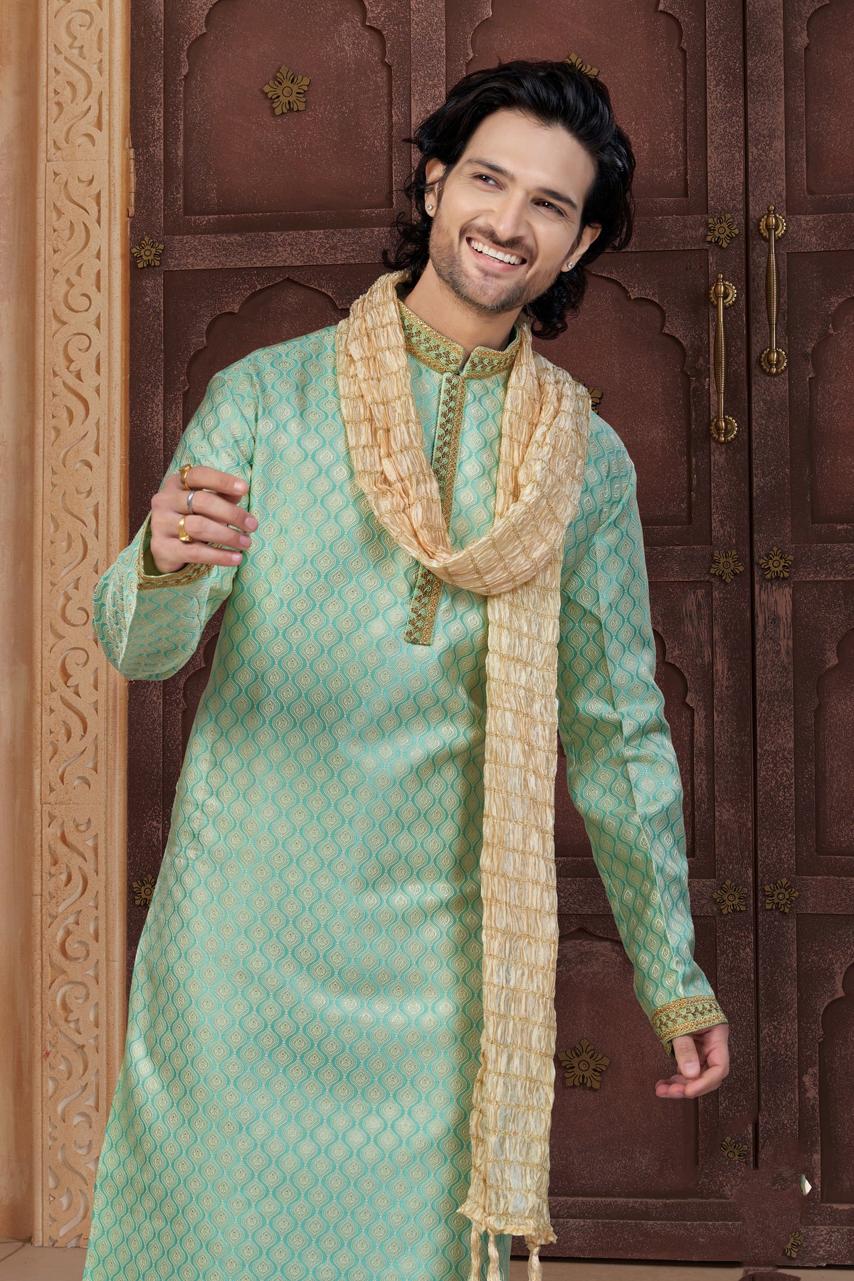 Mint Green Banarasi Jackard Kurta Set