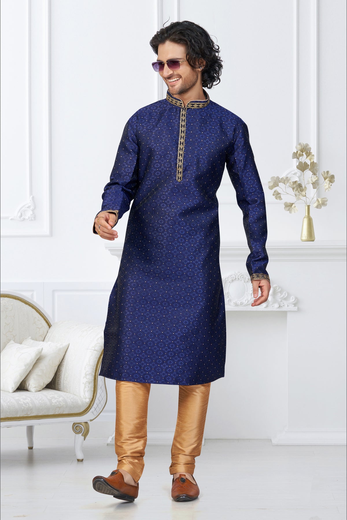 Classic Blue & Golden Kurta Pajama
