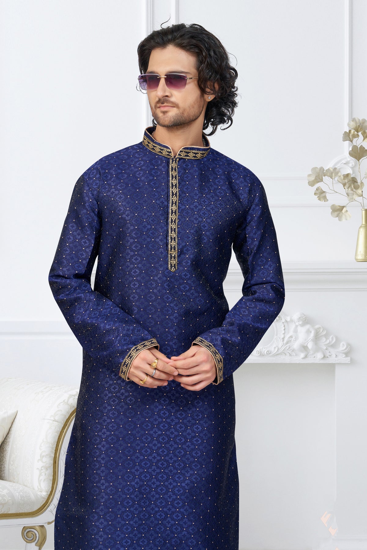 Classic Blue & Golden Kurta Pajama