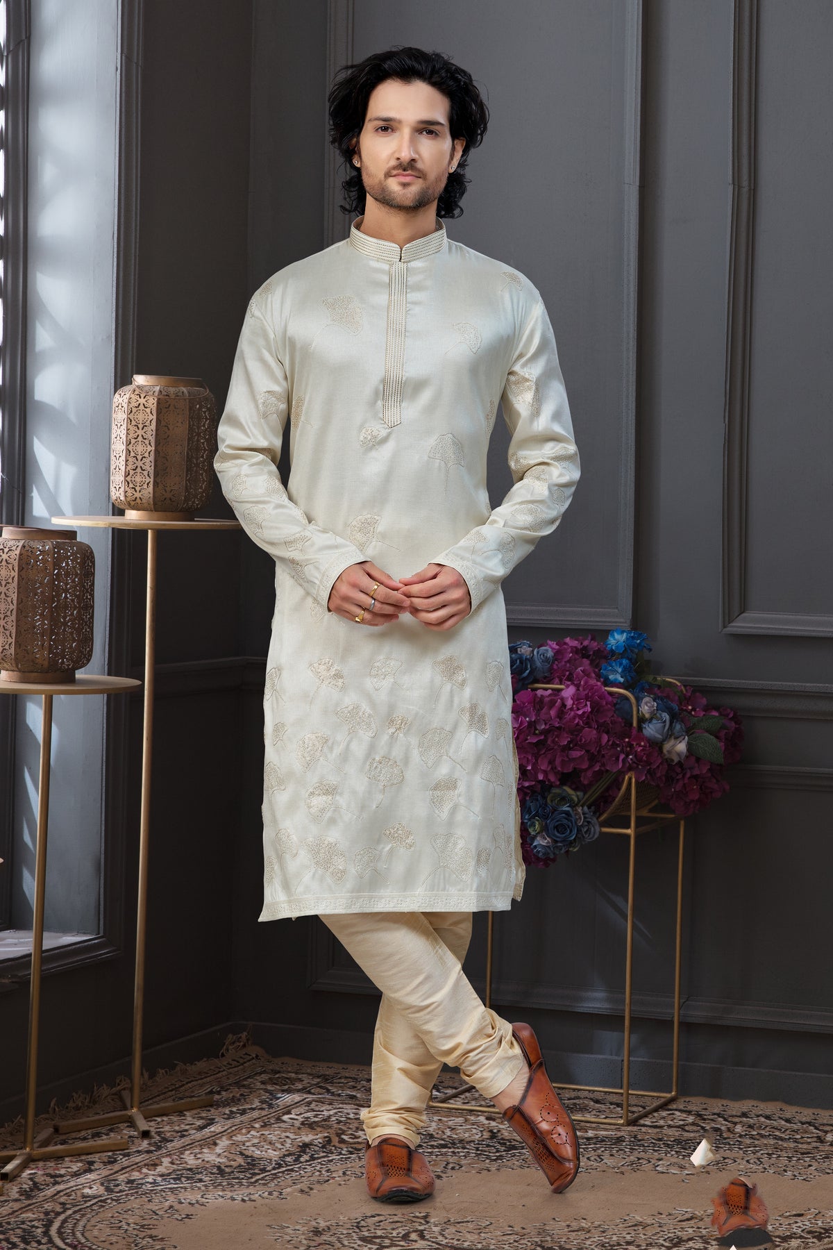 Classic Cream Jackard Churidar OutfitClassic Cream Jackard Churidar Outfit