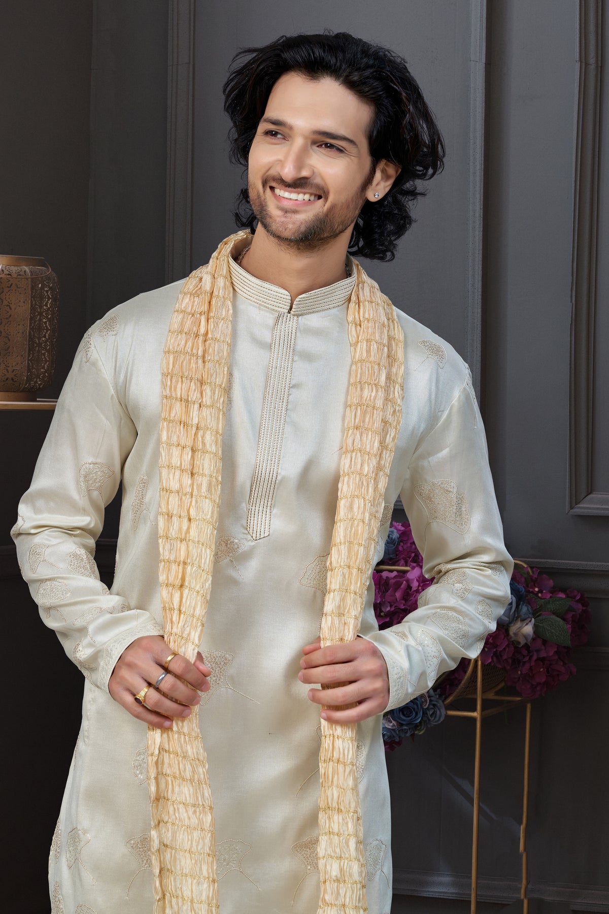 Classic Cream Jackard Churidar OutfitClassic Cream Jackard Churidar Outfit