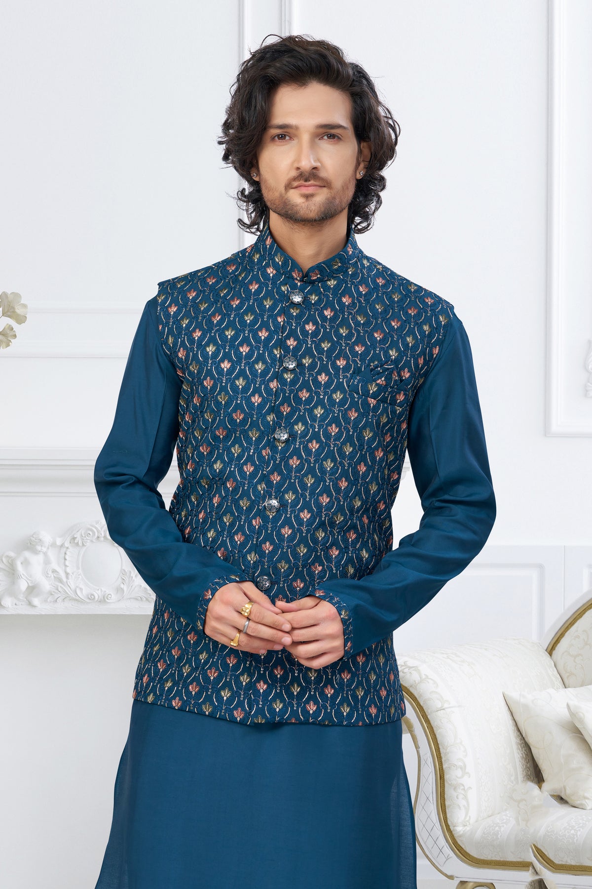 Royal Blue Designer Jacket Kurta Set