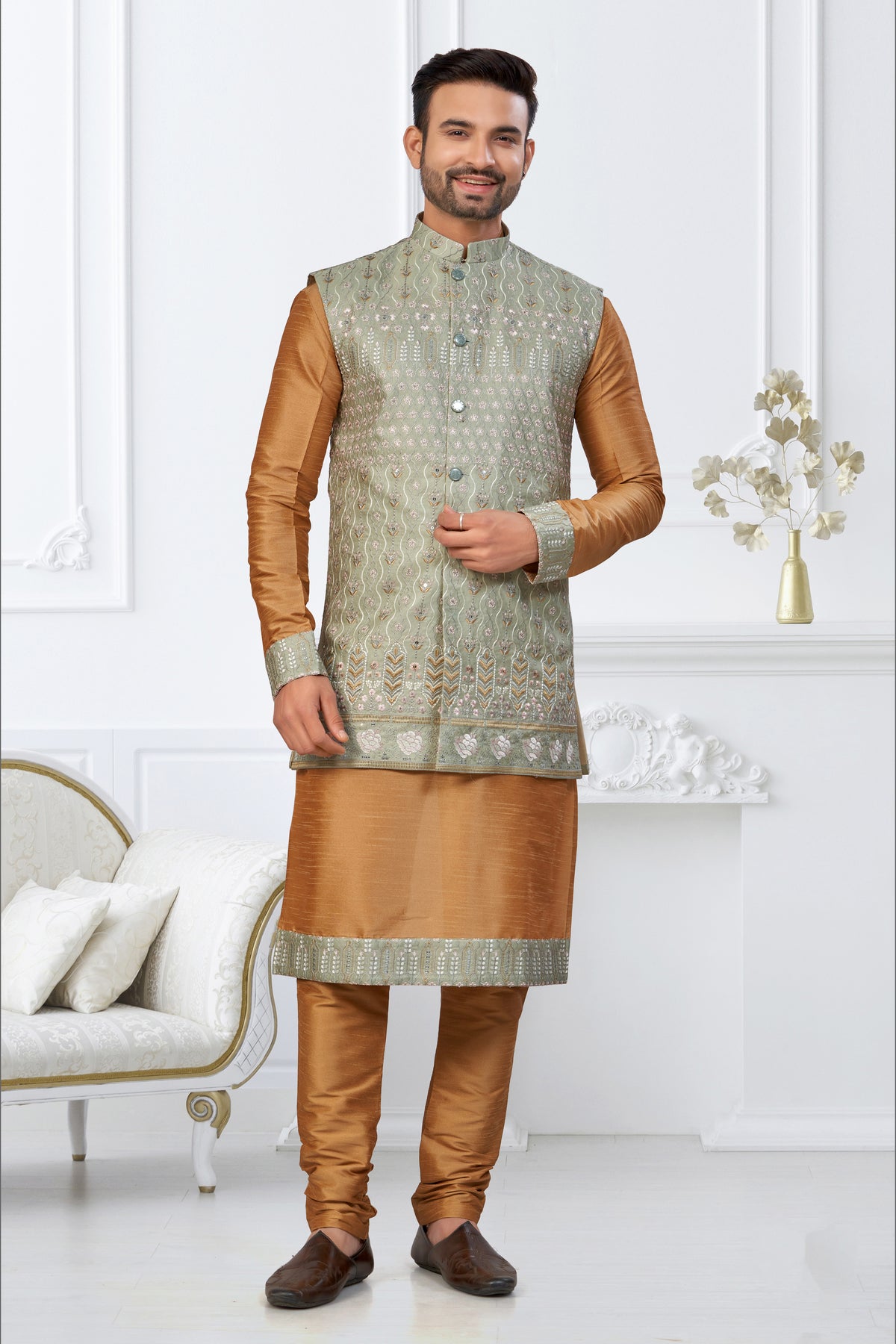 Premium Rust Kurta with Embroidered Jacket