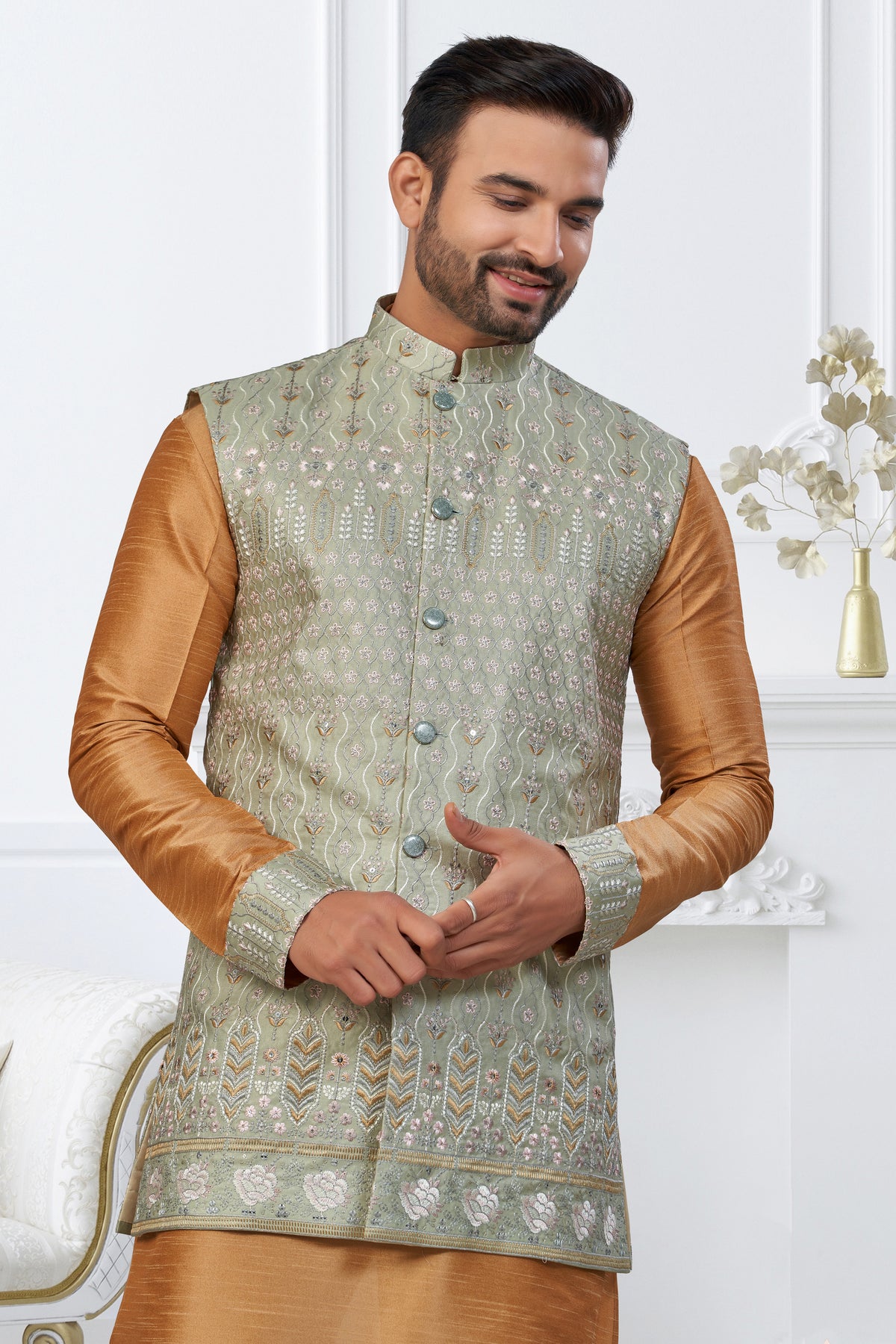 Premium Rust Kurta with Embroidered Jacket