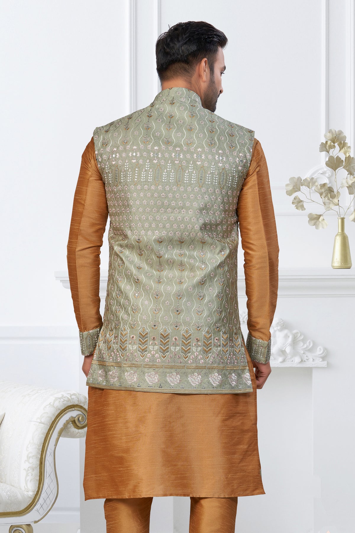 Premium Rust Kurta with Embroidered Jacket