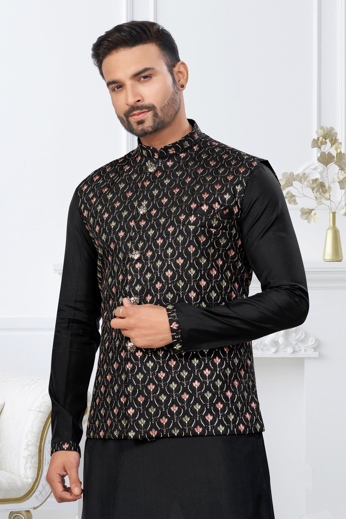 Classic Black Festive Kurta Pajama Ensemble