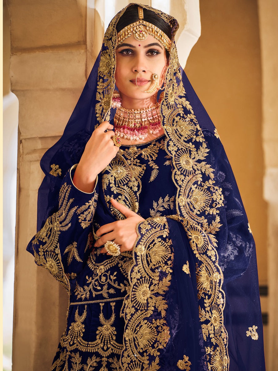 Blue Zari Embroidered Net Lehenga Choli In Velvet