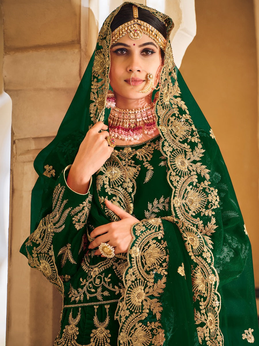 Green Velvet Lehenga Choli With Zari Embroidery