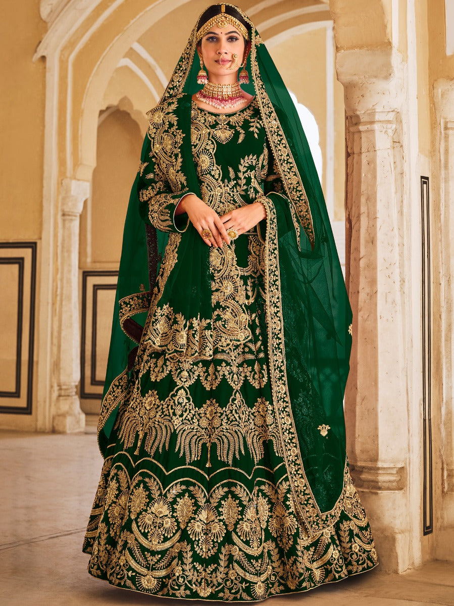 Green Velvet Lehenga Choli With Zari Embroidery