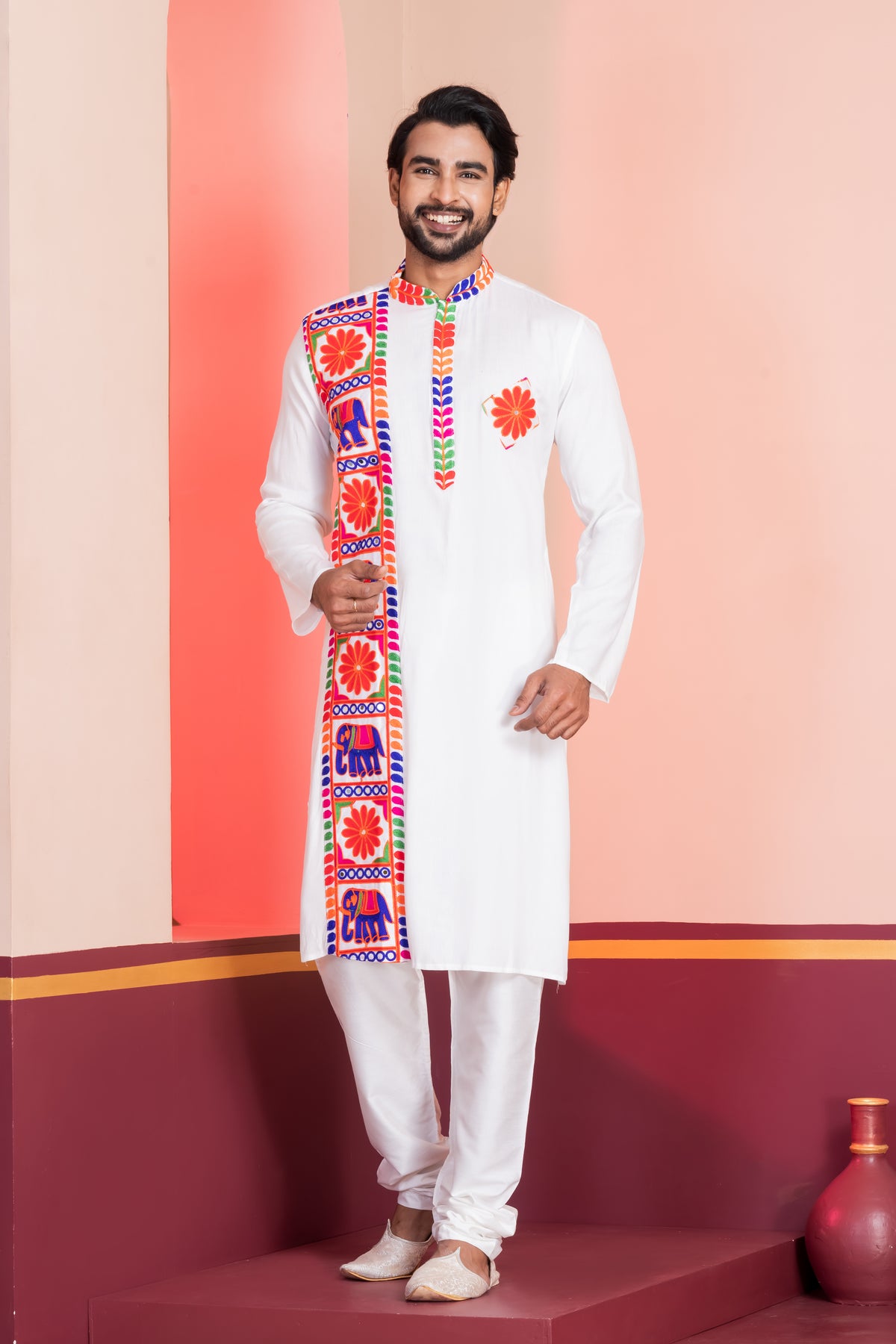 Festive White Embroidered Kurta Set