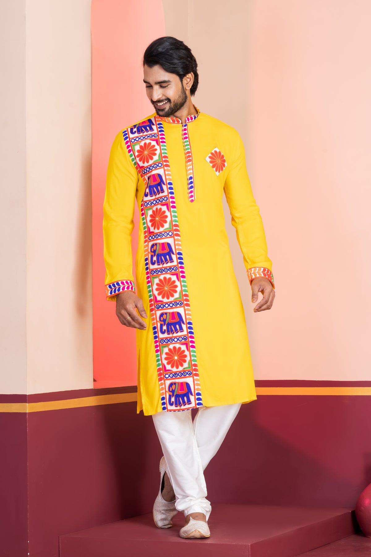 Men's Yellow Lace Work Kurta Set