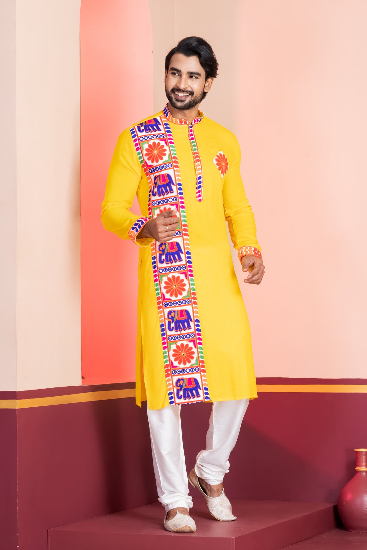Men's Yellow Lace Work Kurta Set