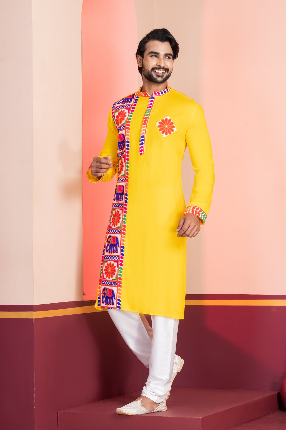 Men's Yellow Lace Work Kurta Set