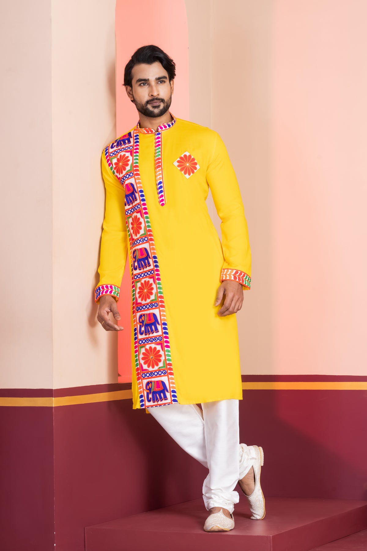 Men's Yellow Lace Work Kurta Set