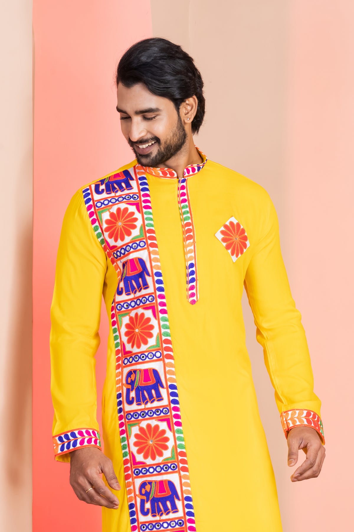 Men's Yellow Lace Work Kurta Set