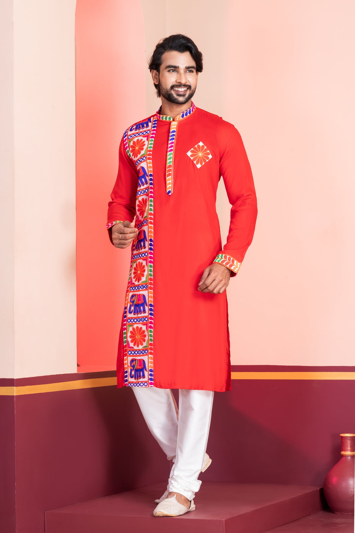 Vibrant Red Festive Kurta Set