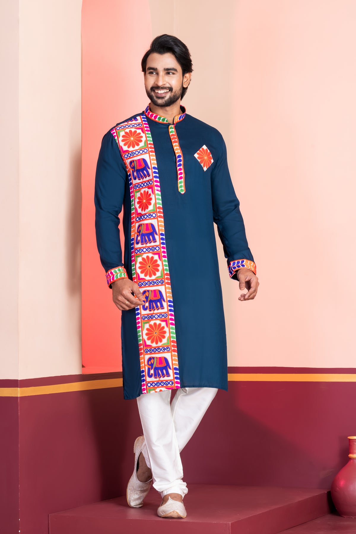 Classic Navy Kurta with Colorful Detailing