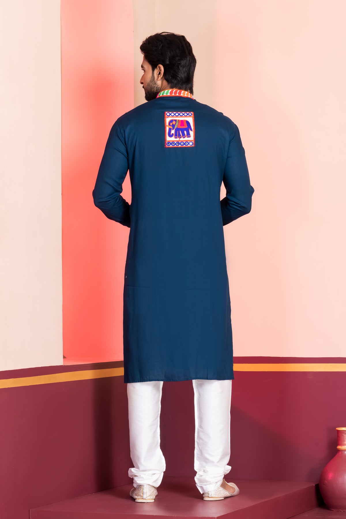 Classic Navy Kurta with Colorful Detailing