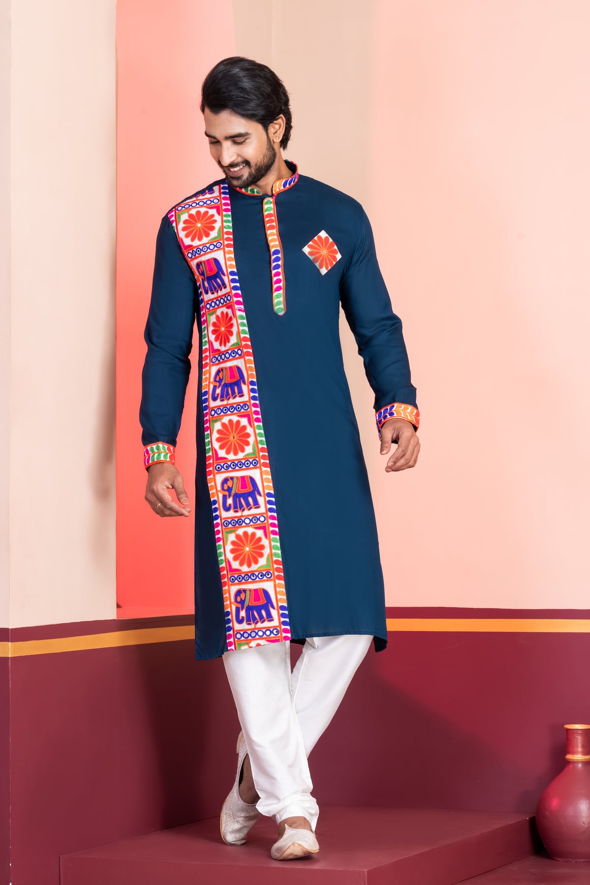 Classic Navy Kurta with Colorful Detailing