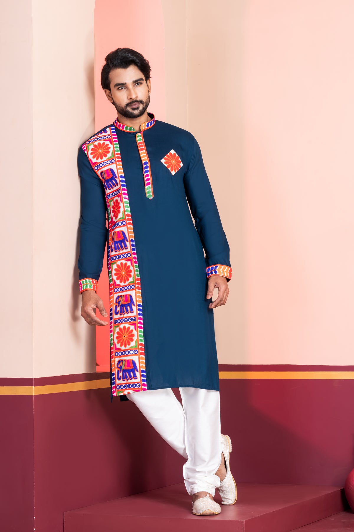 Classic Navy Kurta with Colorful Detailing