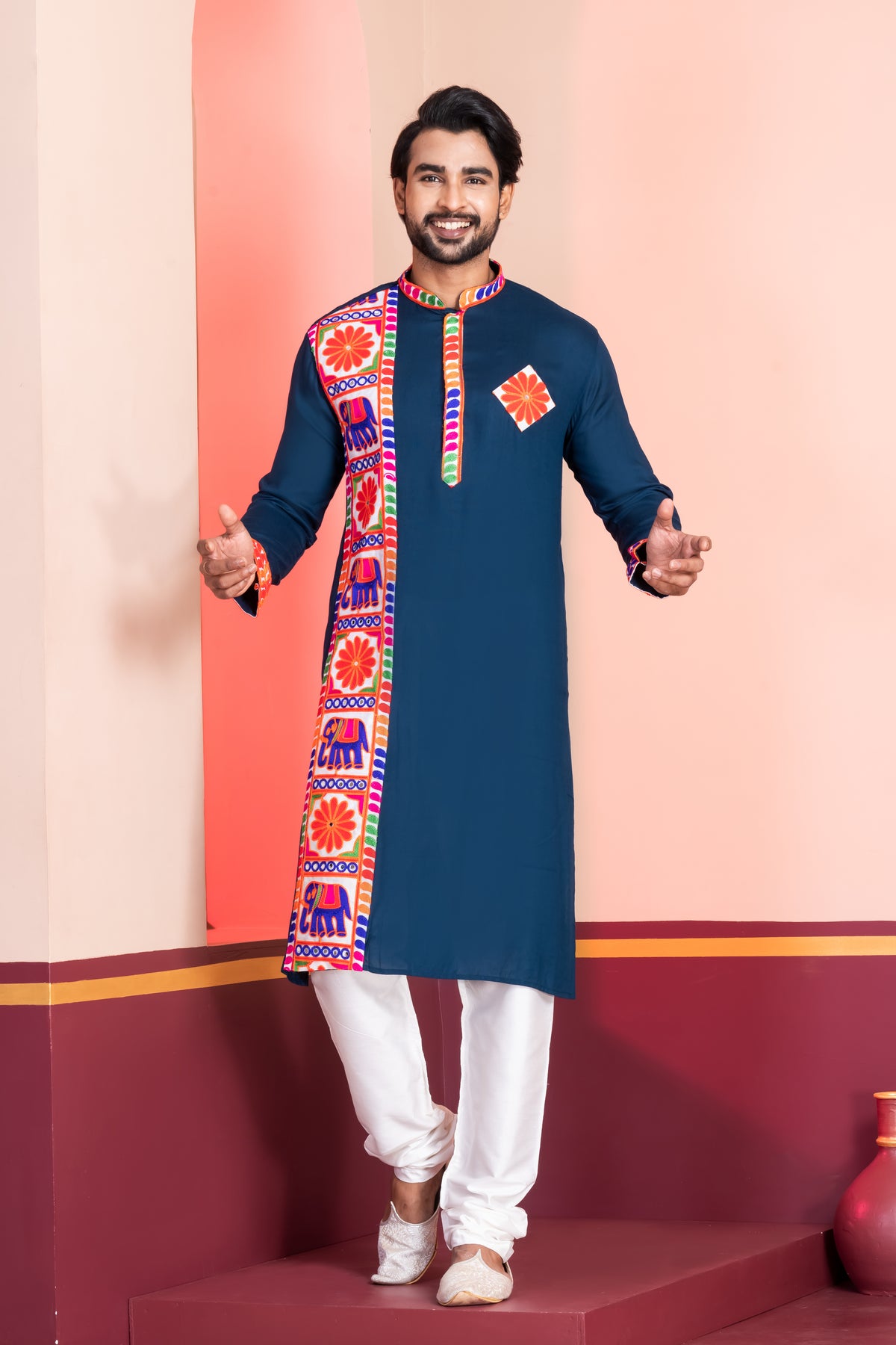 Classic Navy Kurta with Colorful Detailing