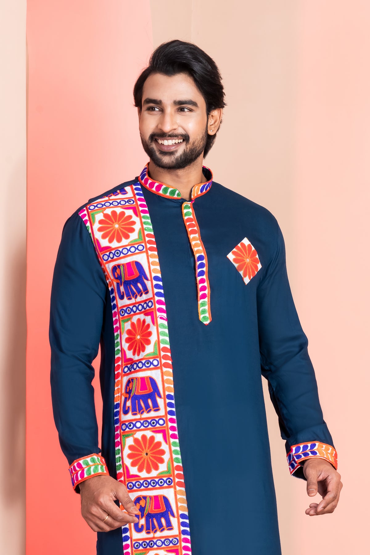 Classic Navy Kurta with Colorful Detailing