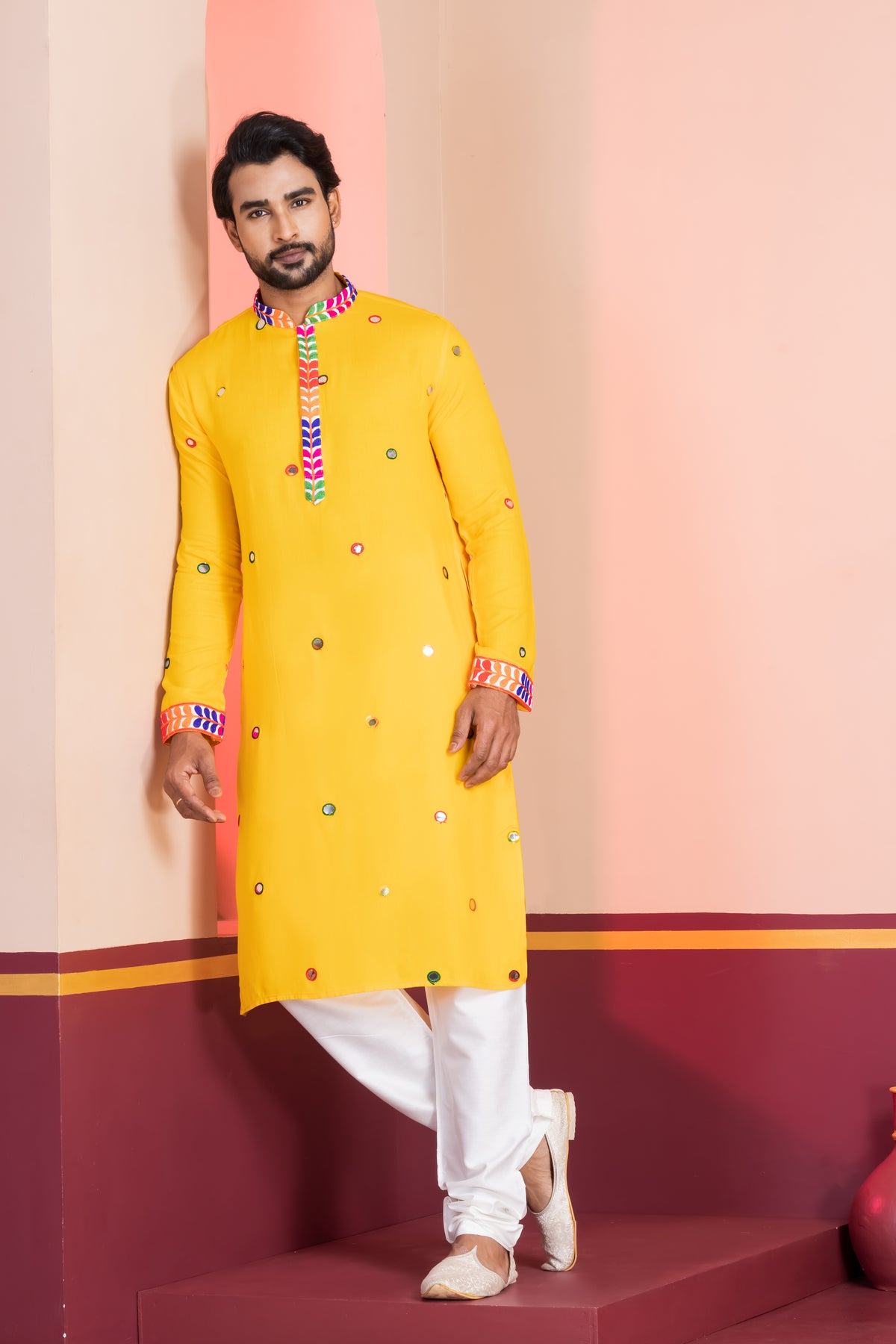 Festive Yellow Mirror Work Kurta Set