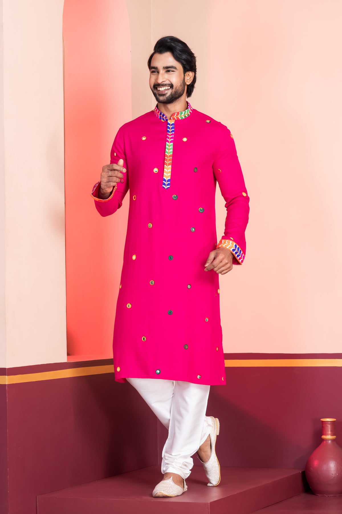 Vibrant Pink Kurta Pajama with Colorful Work