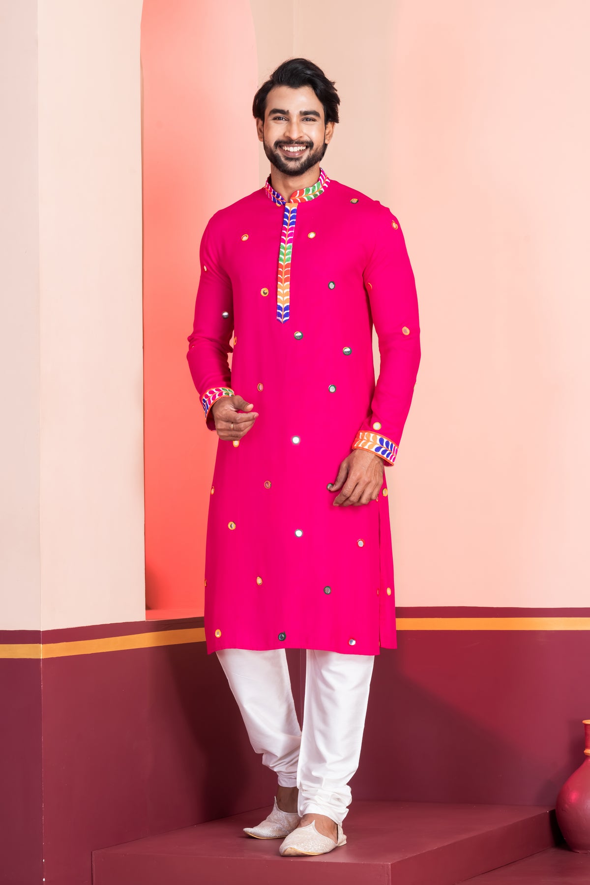 Vibrant Pink Kurta Pajama with Colorful Work
