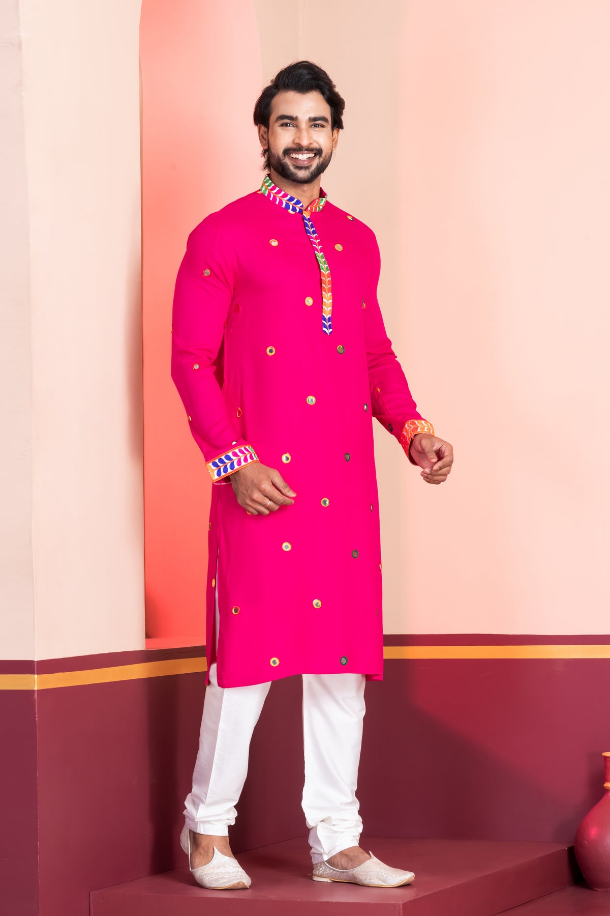 Vibrant Pink Kurta Pajama with Colorful Work