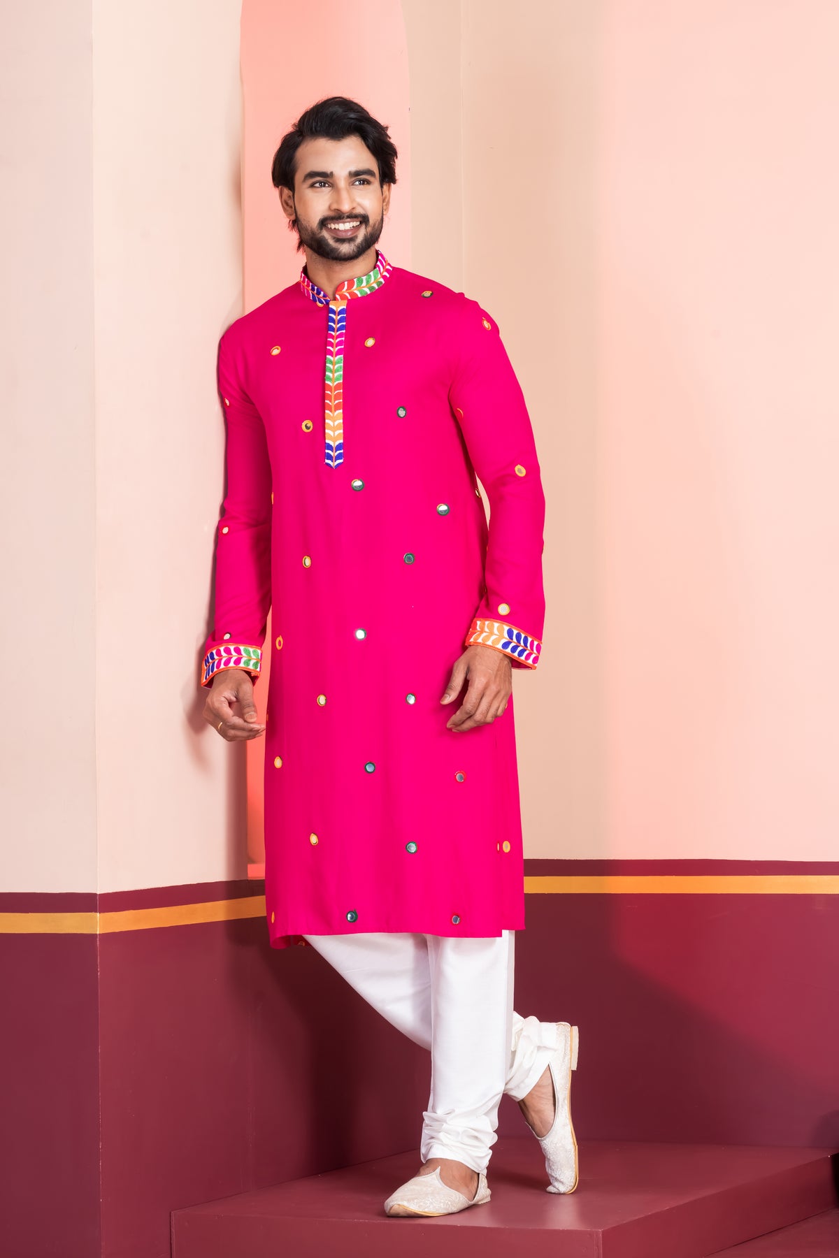 Vibrant Pink Kurta Pajama with Colorful Work