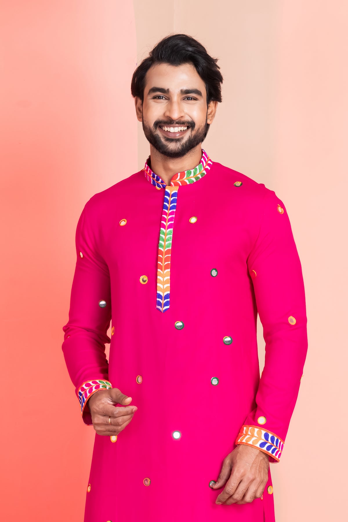 Vibrant Pink Kurta Pajama with Colorful Work