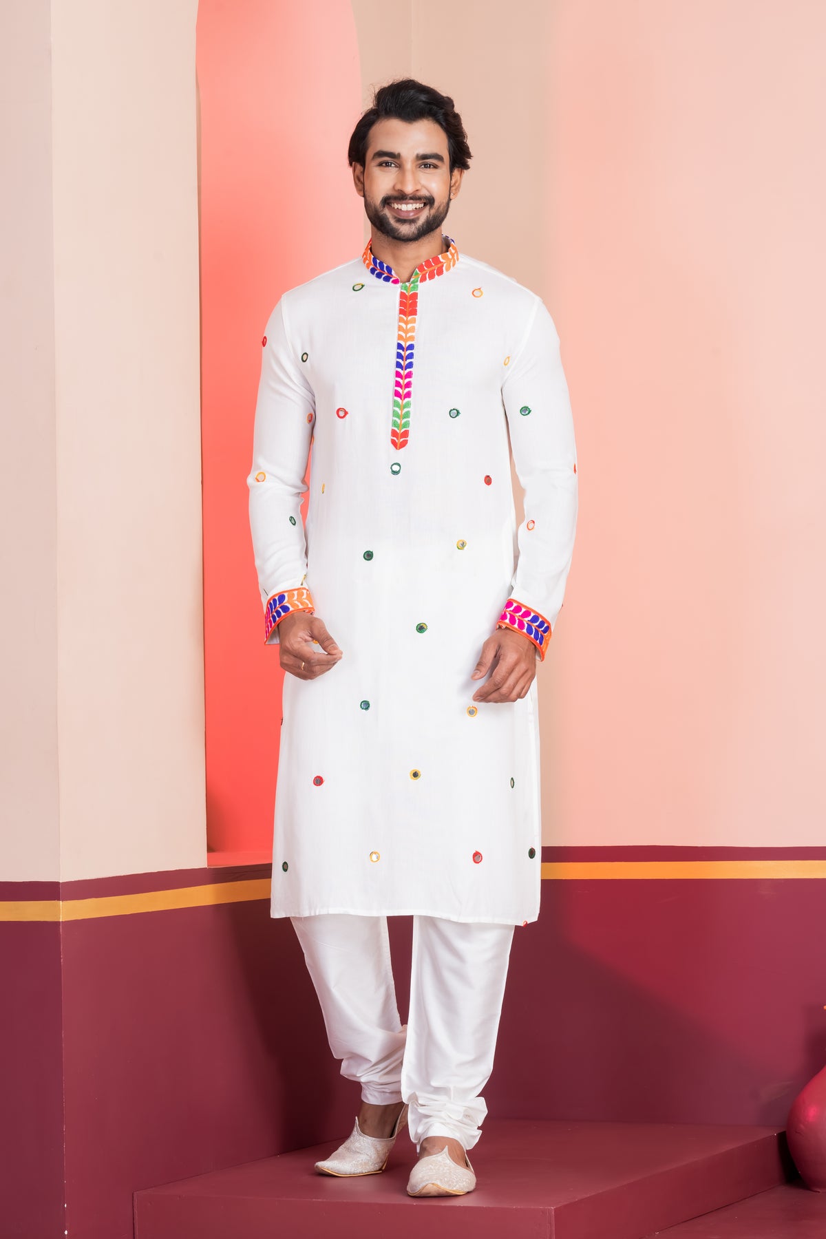 Classic White Kurta with Colorful Mirror Work