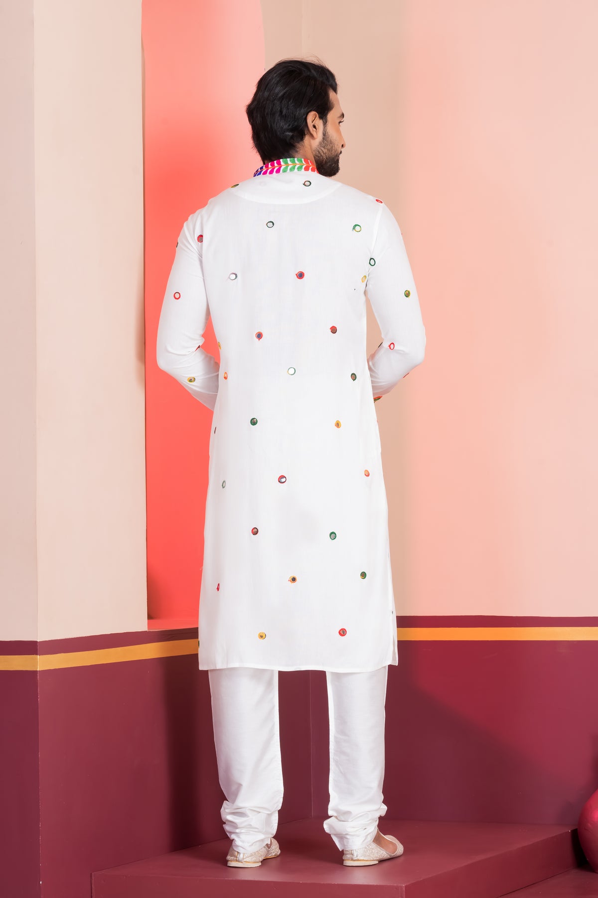 Classic White Kurta with Colorful Mirror Work