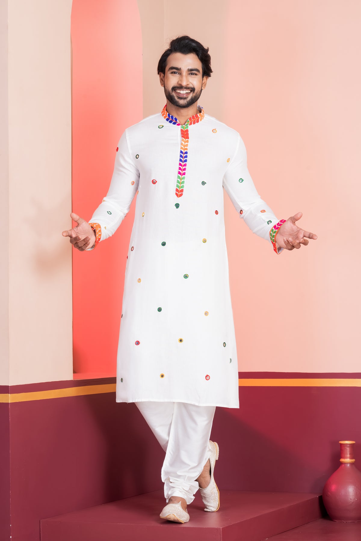 Classic White Kurta with Colorful Mirror Work